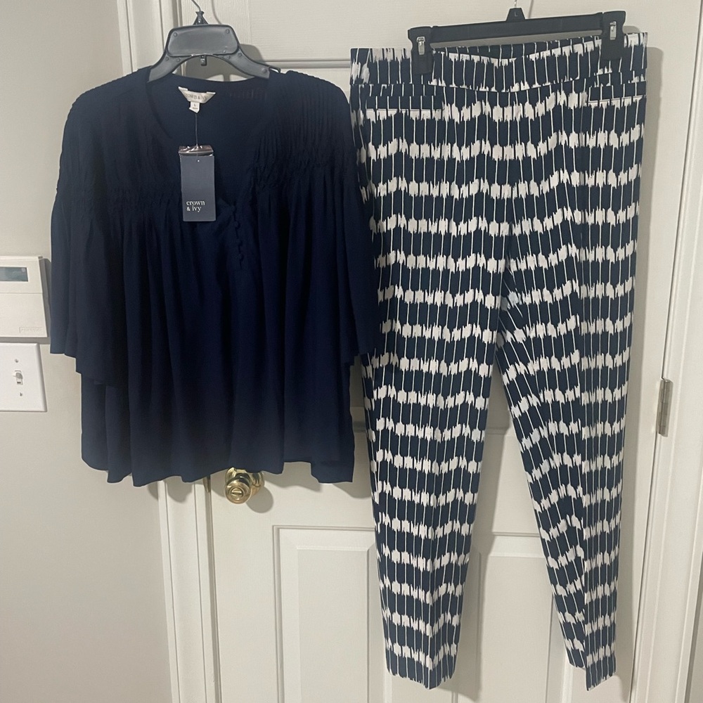 Navy and White Patterned Women's Pants sz12 Sheragano nwt crown top lg